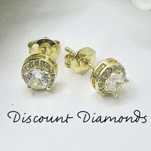 Dainty Round White Halo & White Baguette Diamond Earrings 14K Yellow Gold  925